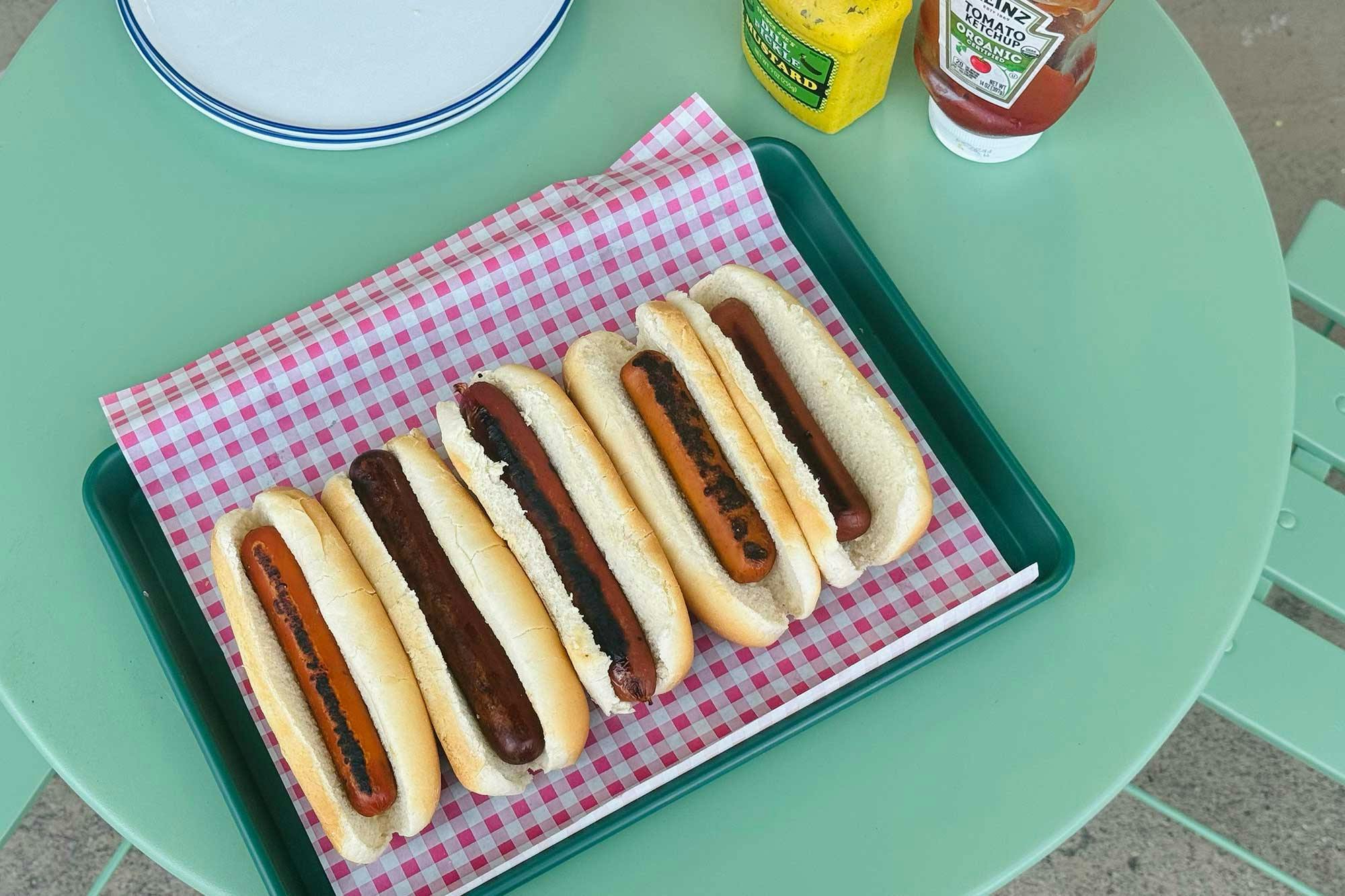 plant-based hot dogs on a tray