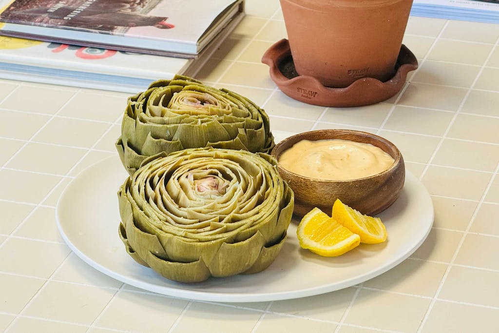 Steamed artichoke with garlic-miso mayo