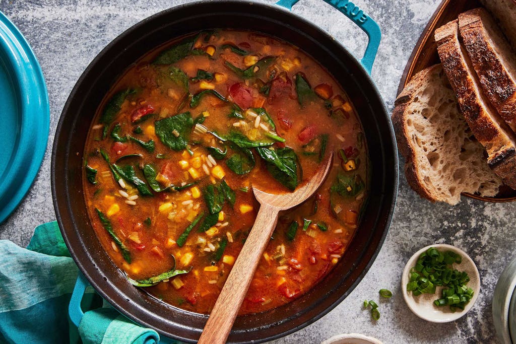 A fridge-cleanout soup pulsing with Indian flavor