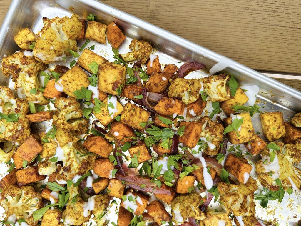 Sheet-pan mango masala veggies and tofu