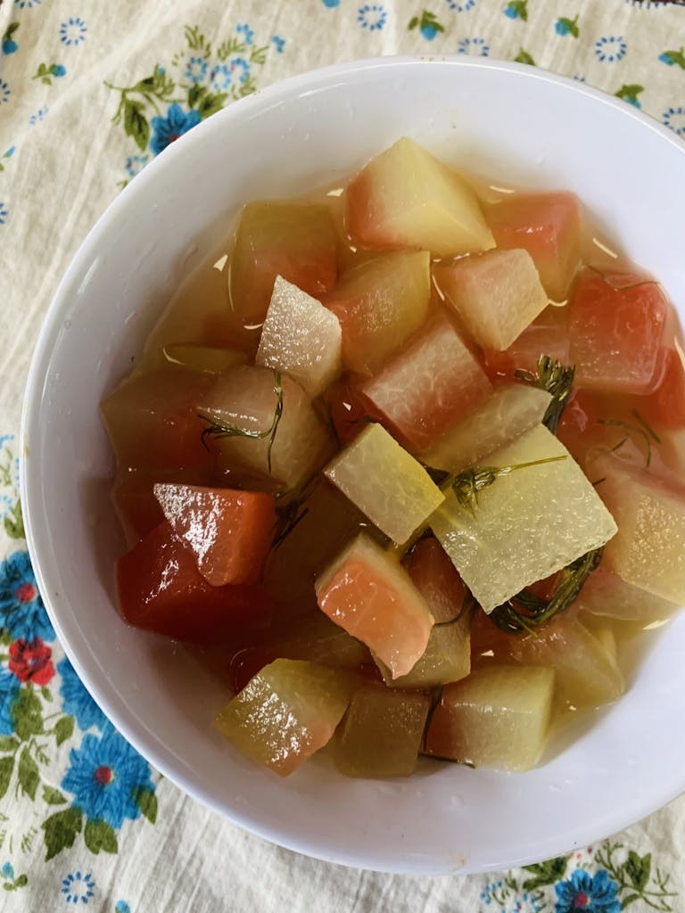 Garlicky dill pickled watermelon rind