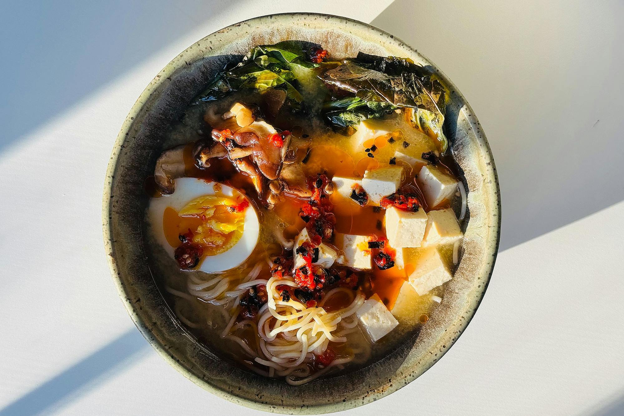 miso-ginger ramen with egg and tofu