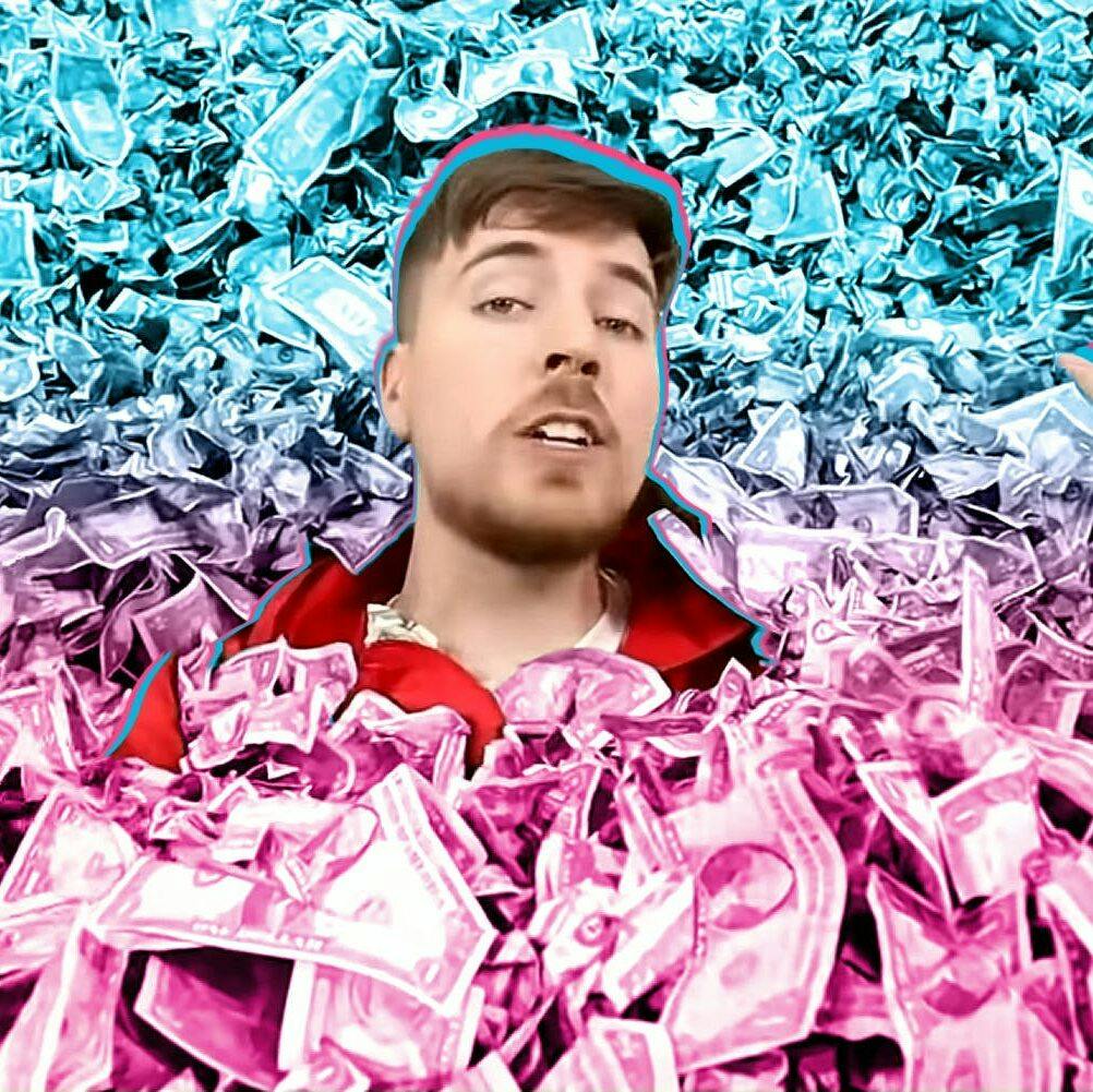 Mr Beast in pile of cash blue to pink vertical gradient Passionfruit Remix