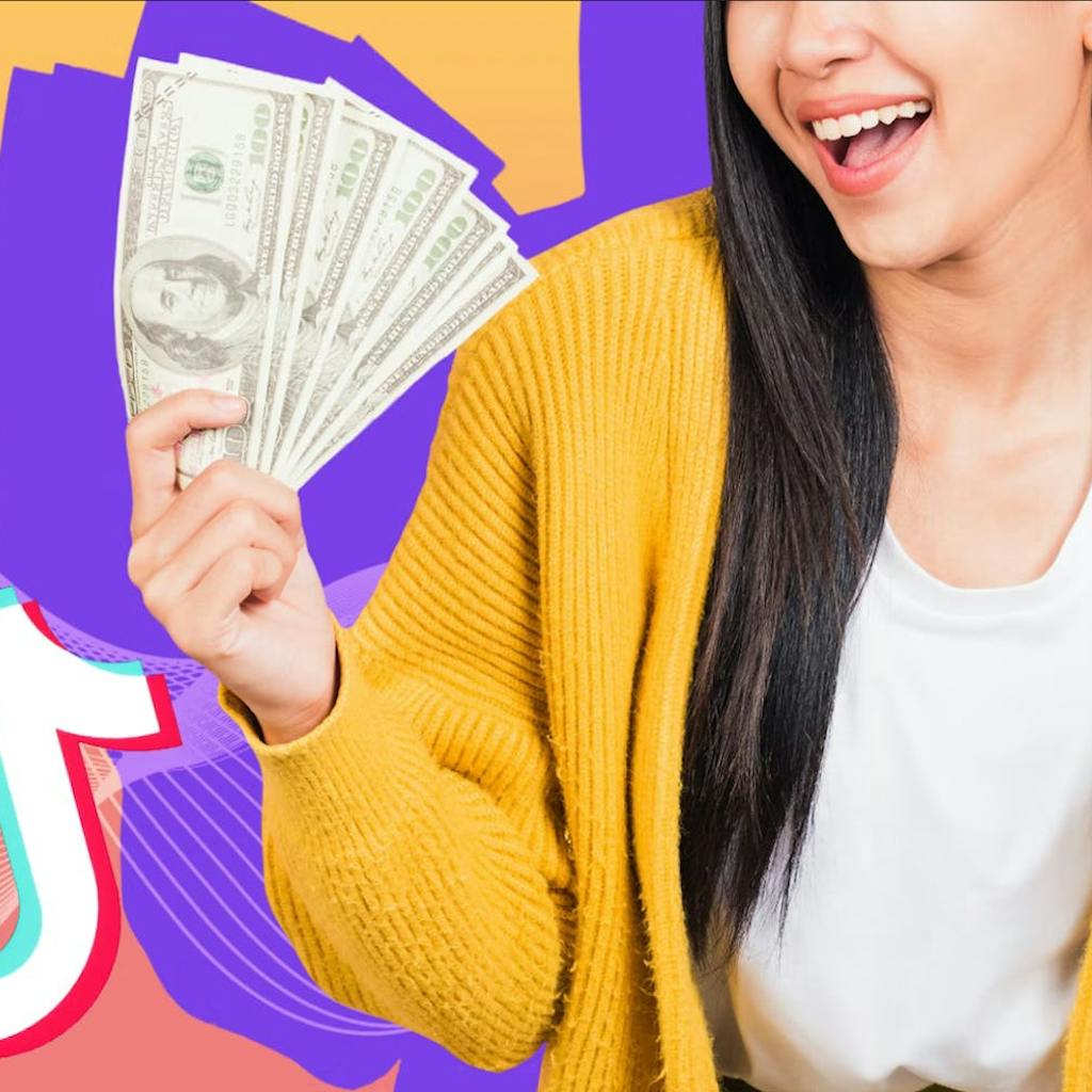 woman holding phone and cash in front of yellow to pink vertical gradient background with TikTok logo on her left side and Instagram logo on her right Passionfruit Remix