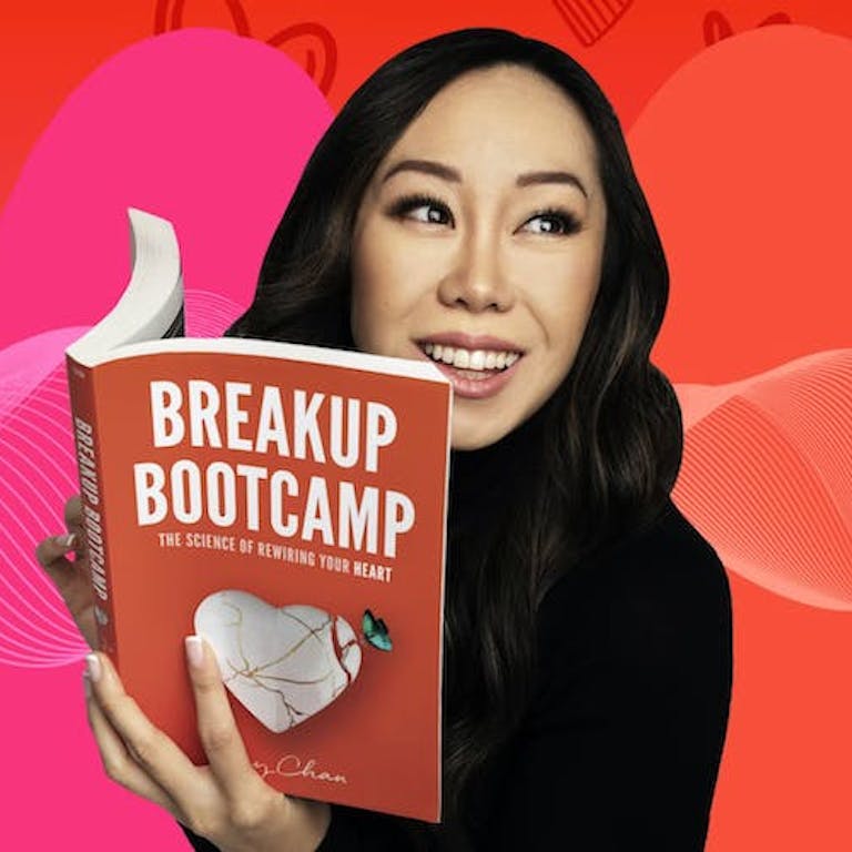 Amy Chan holding her book Breakup Bootcamp in front of red to pink gradient hearts background Passionfruit Remix
