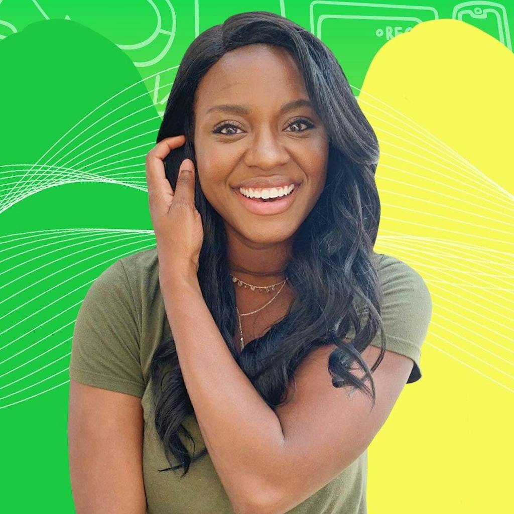 Danielle Bayard in front of green to yellow gradient background with friendship social media concept doodles Passionfruit Remix