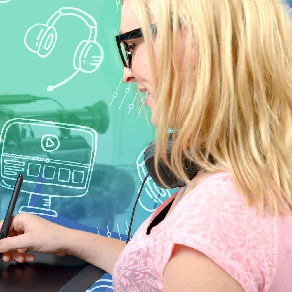 woman editing videos on computer with editing icons green to blue vertical gradient background Passionfruit Remix