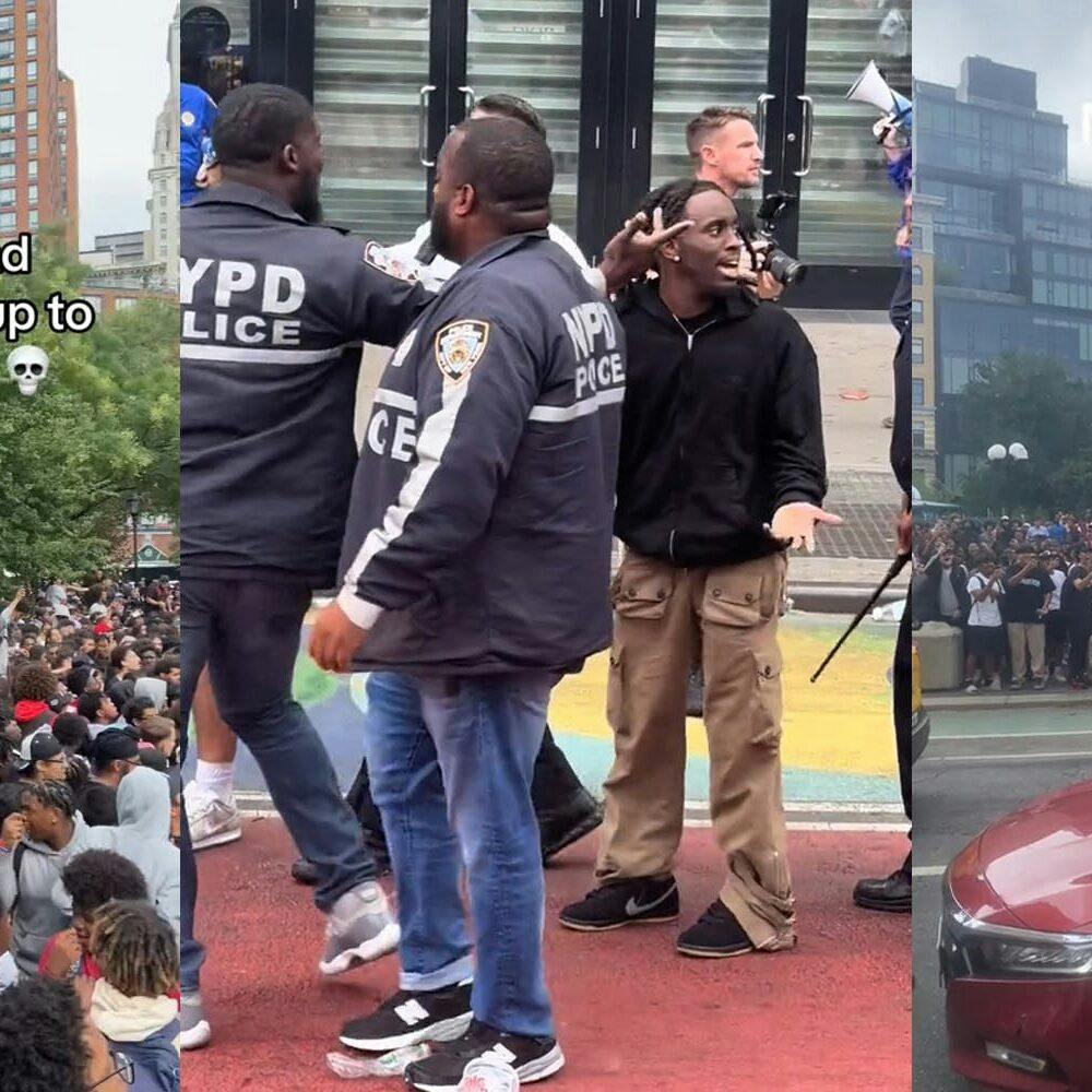 people swarming NYC park (l&r) Kai Cenat with NYPD (c)