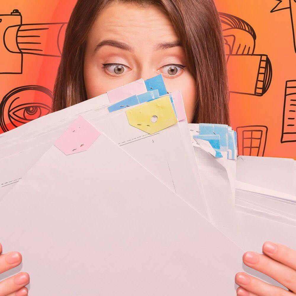 Surprised looking woman holding contracts in her hands in front of camera graphics background