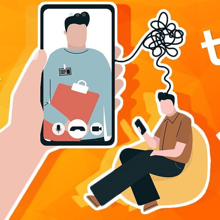 best mental health apps - a hand holding a phone plugged into a person's head surrounded by logos of mental health apps