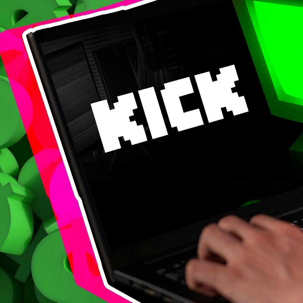 Hands on computer with Kick open in front of money sign background to represent creator incentive program