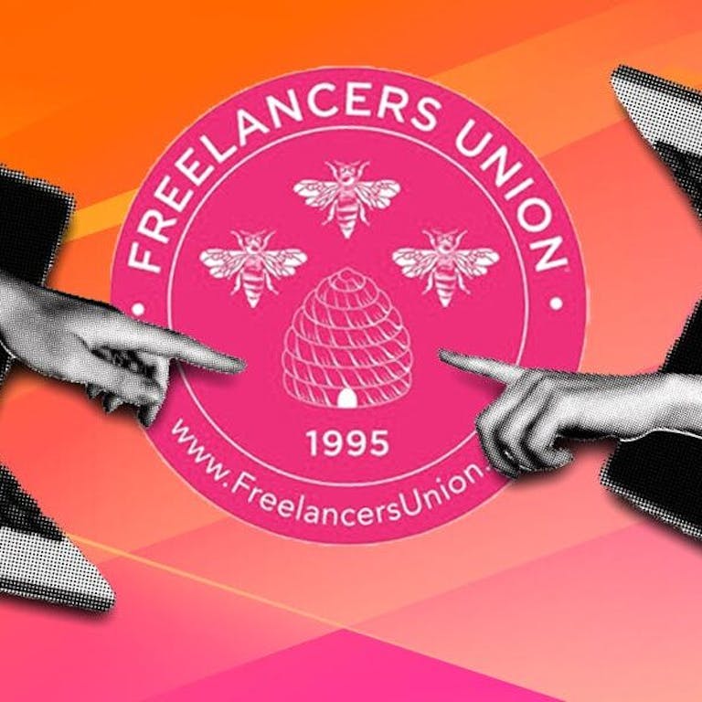 freelancers union - featured image, two hands reaching out from computers to join together over the union logo