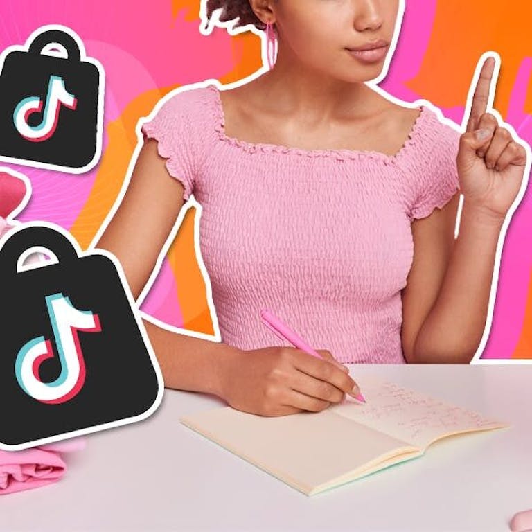 sell on tiktok - how to open your own merch store, image of a woman at a desk making a list for her store