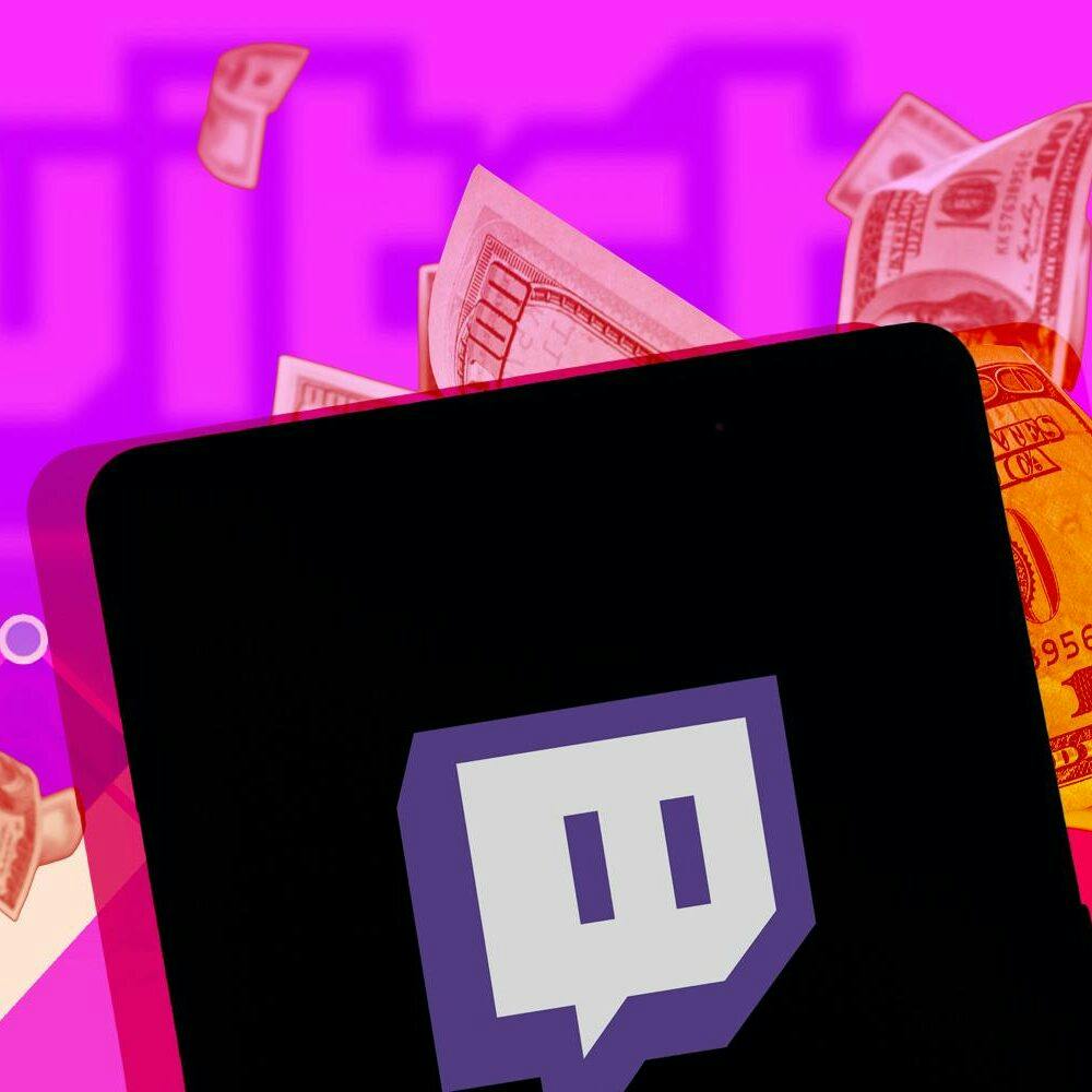 Phone with twitch app and money and arrows and twitch logo in the background