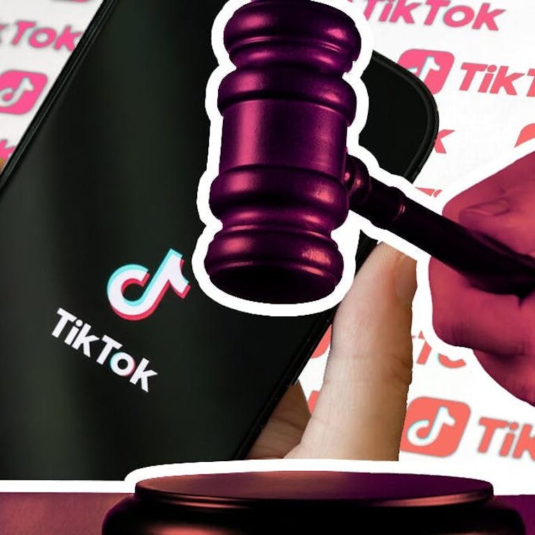 Gavel over hand holding phone with tiktok app and tiktok background