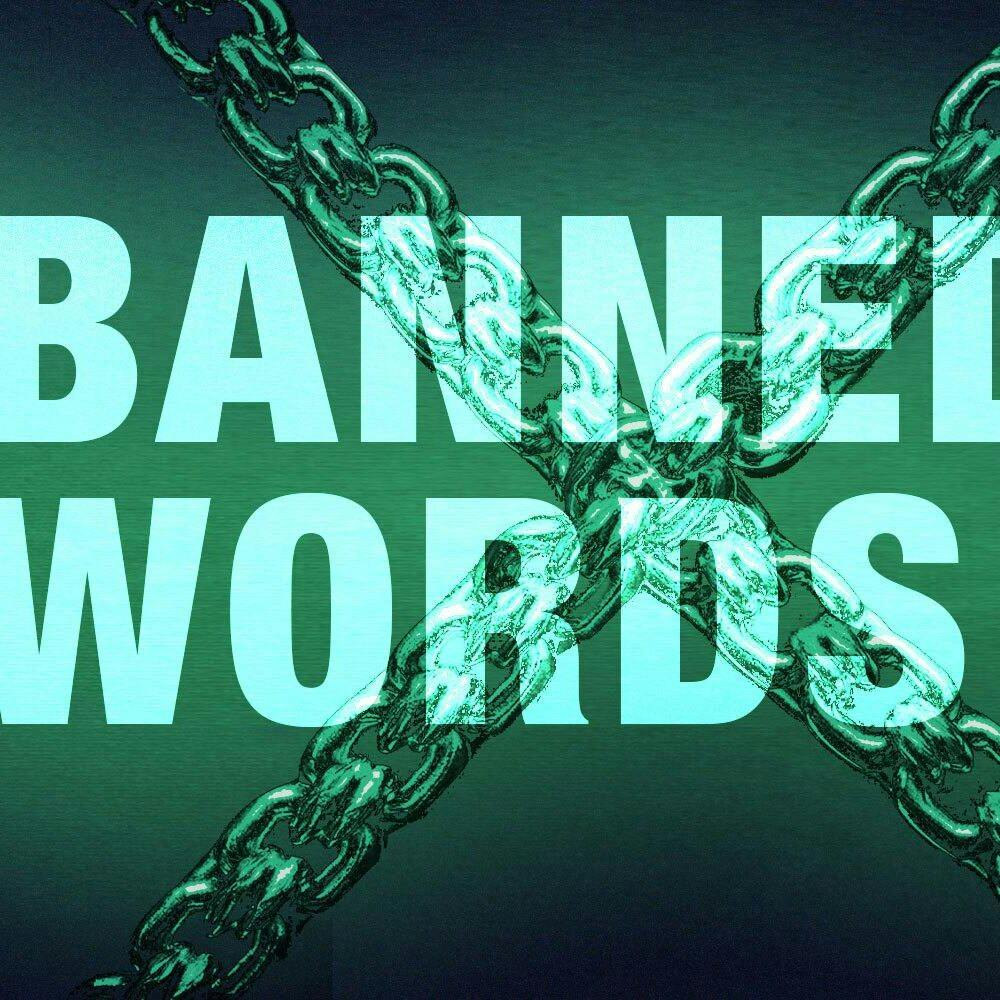 Single panel design with typography readying "Banned words" next to a cell phone propped on a tripod with the "OnlyFans" logo on the screen. A chain in cross out the words "Banned" and Words"