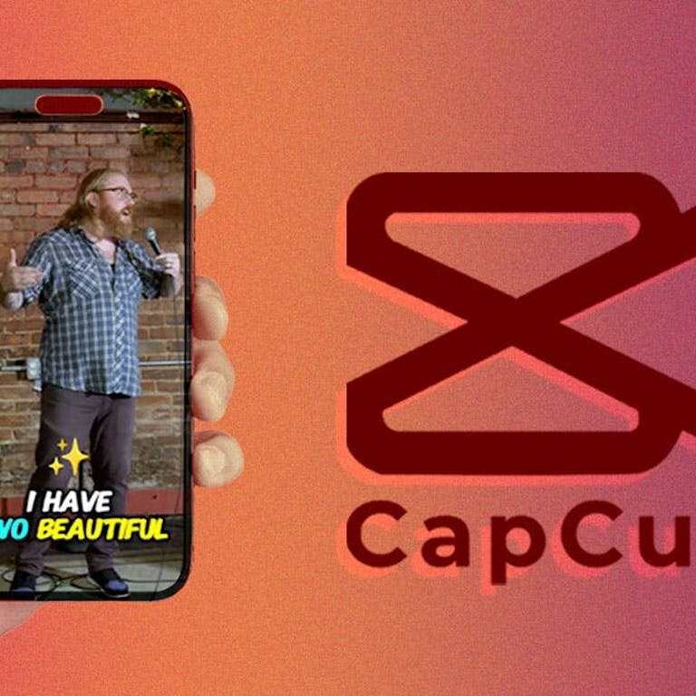 capcut desktop - Single panel design with a hand holding up an iphone watching a comic with captions written out below him. The log for "CapCut" is off to the right and predominate in the design.