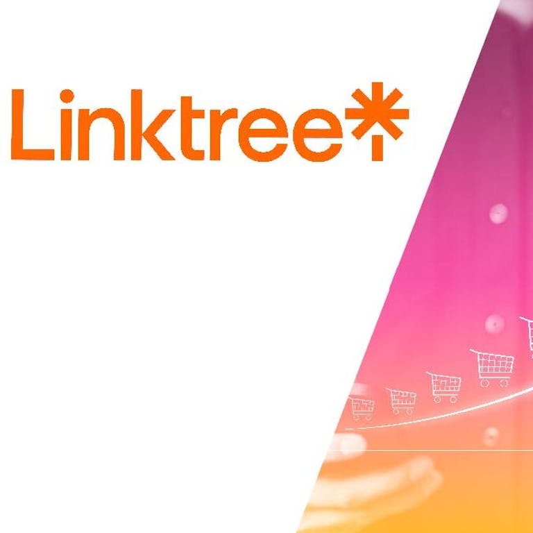 Linktree logo and a conceptual photo collage of a rising bar line and shopping carts.