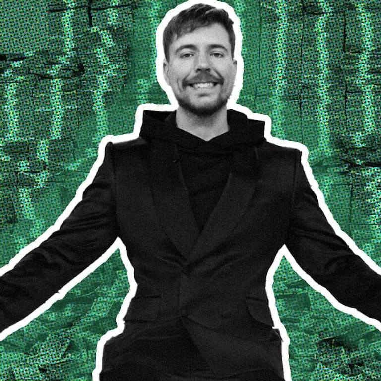 MrBeast in front of stacks of money