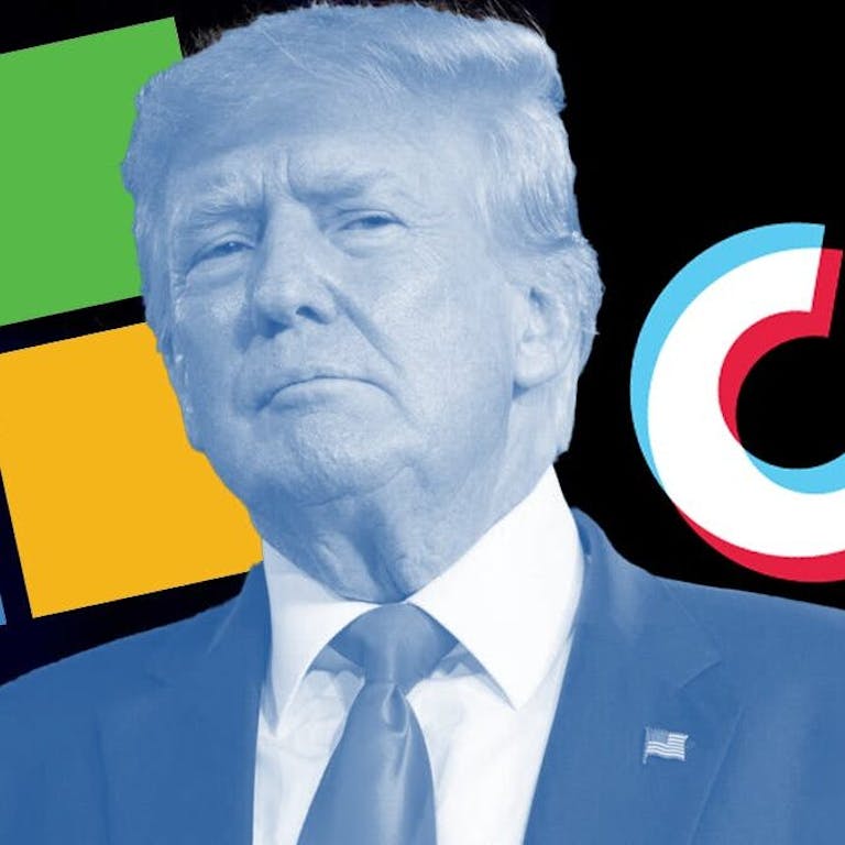 Donald Trump and Microsoft and TikTok logos