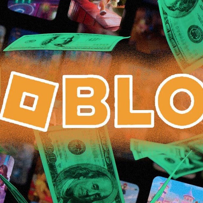 Roblox Logo and images with dollar bills floating in the background