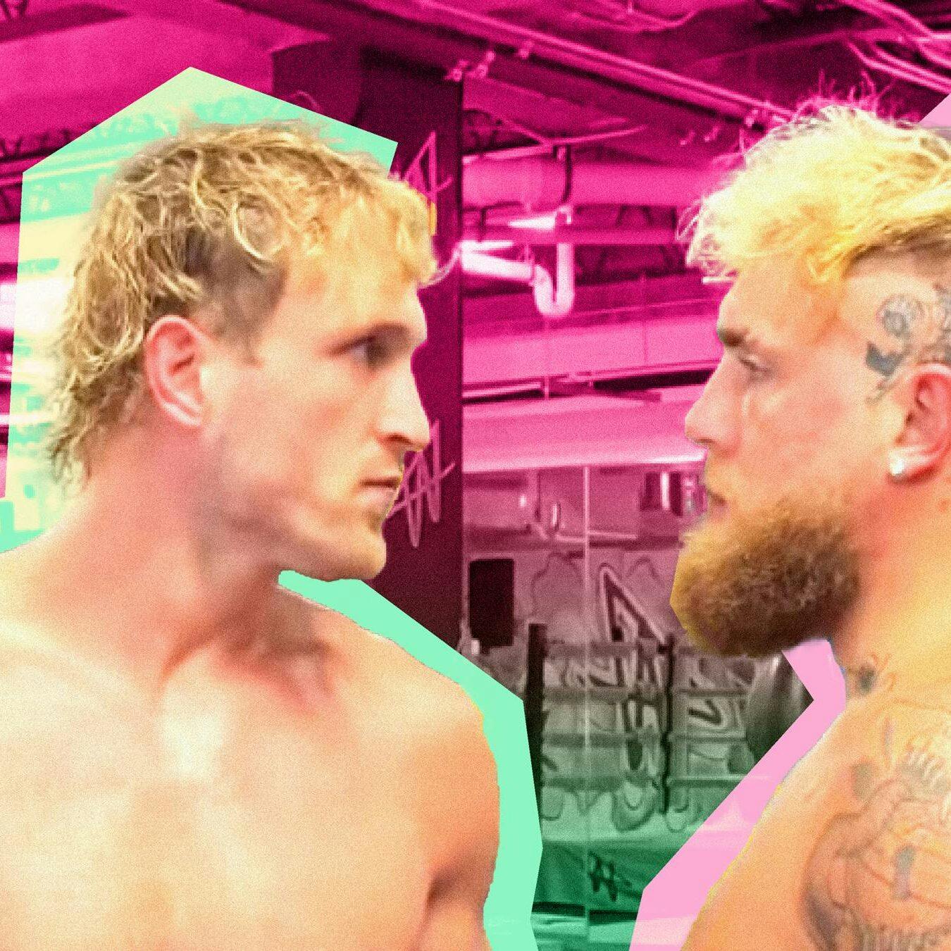 Photo collage of Logan Paul and Jake Paul facing off in the gym.