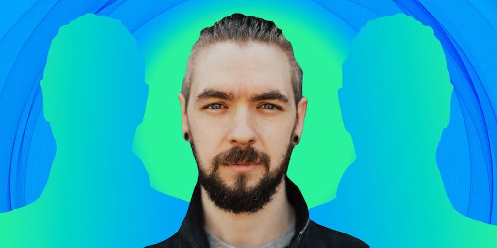 Seán William McLoughlin AKA Jacksepticeye passionfruit remix on blue to green radial gradient background