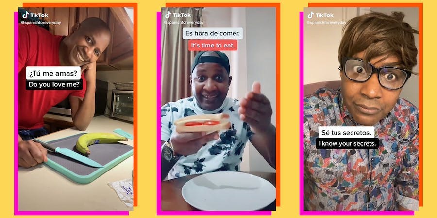 man with spanish to english translations of phrases on tiktok videos (l to r) "Tu me amas? Do you love me?" man with plantain and cutting board, "Es hora de comer. It's time to eat." man with sandwich and plate, "Se tus secretos. I know your secrets." man in wig with glasses