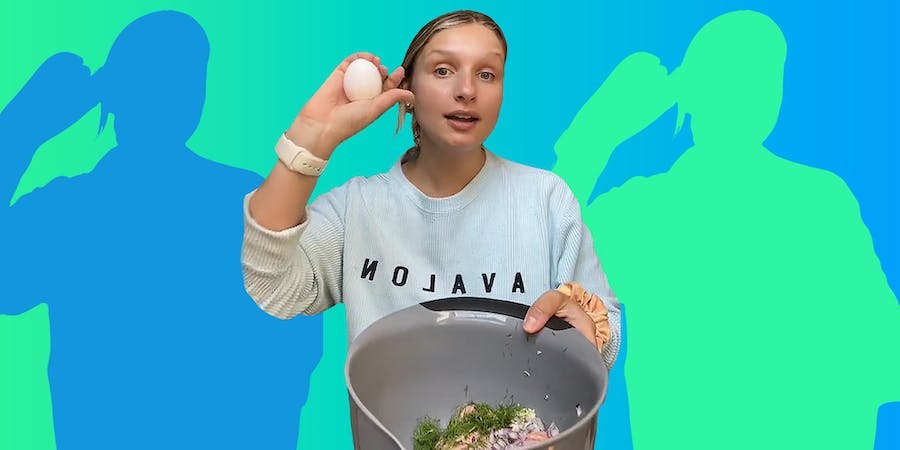 @saltandsagenutrition holding egg up and bowl of ingredients for meatballs on green to blue gradient background Passionfruit Remix