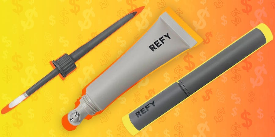 REFY Lip Kit on yellow to orange gradient money sign background Passionfruit Remix