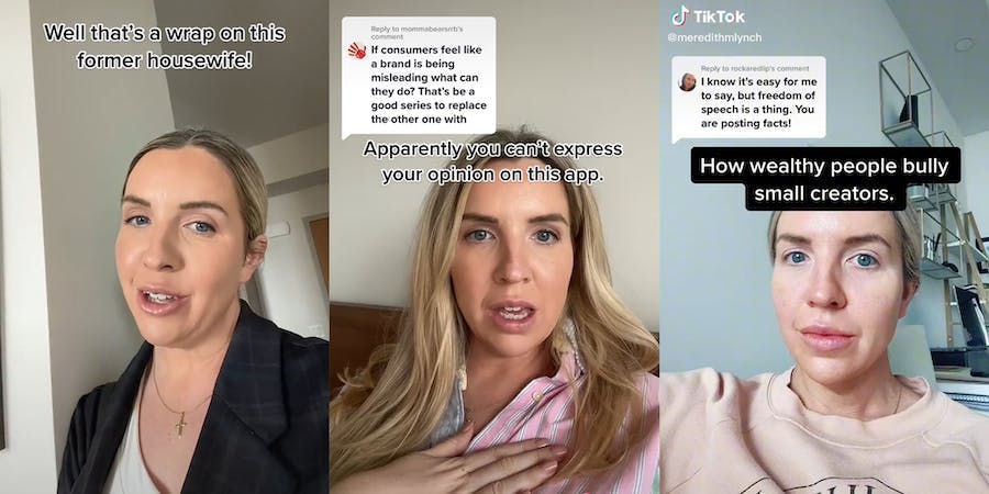 woman with caption "well that's a wrap on this former housewife!" (l) "apparently you can't express your opinion on this app" (c) "How wealthy people bully small creators" (r)
