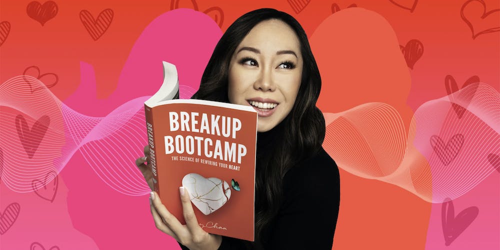Amy Chan holding her book Breakup Bootcamp in front of red to pink gradient hearts background Passionfruit Remix
