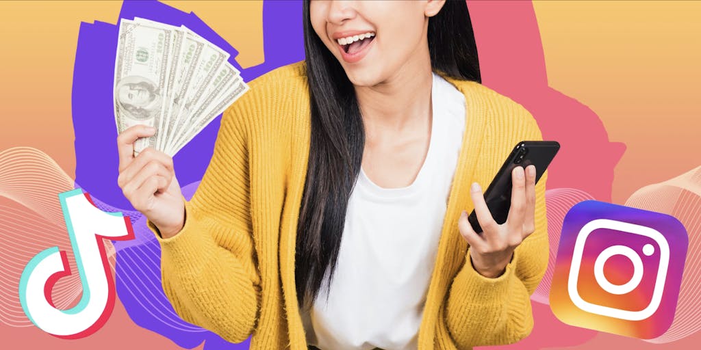 woman holding phone and cash in front of yellow to pink vertical gradient background with TikTok logo on her left side and Instagram logo on her right Passionfruit Remix