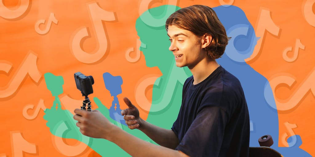 person holding camera with skateboard in front of orange background with TikTok overlay Passionfruit Remix
