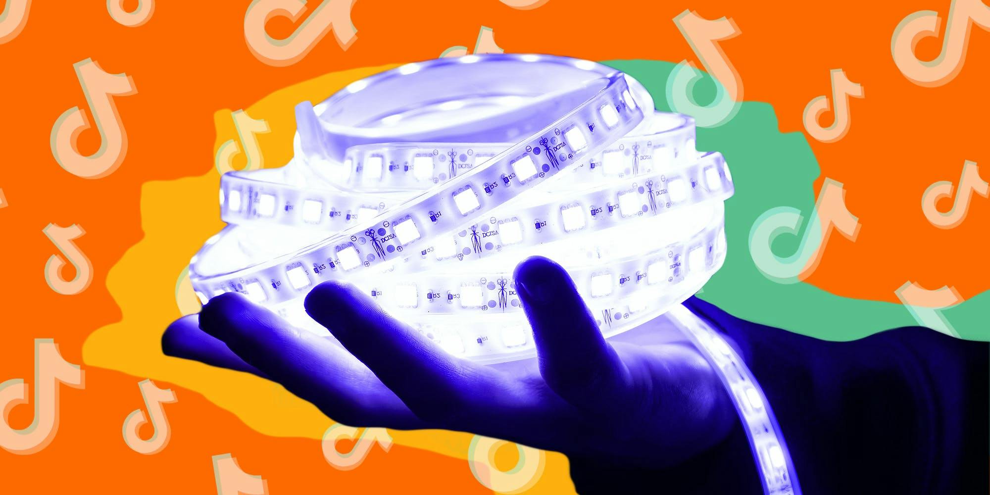 tiktok led lights  - featured image, a hand full of led lights and tiktok logos