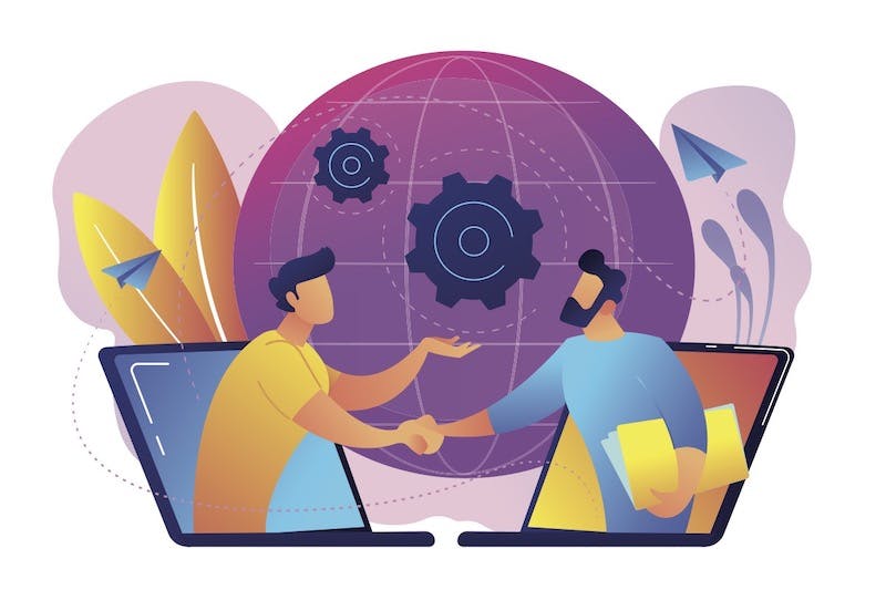 Businessmen shaking hands through laptop screens as online business, conference, meeting, network, deal, negotiations, agreement concept, violet palette. Vector illustration on white background.