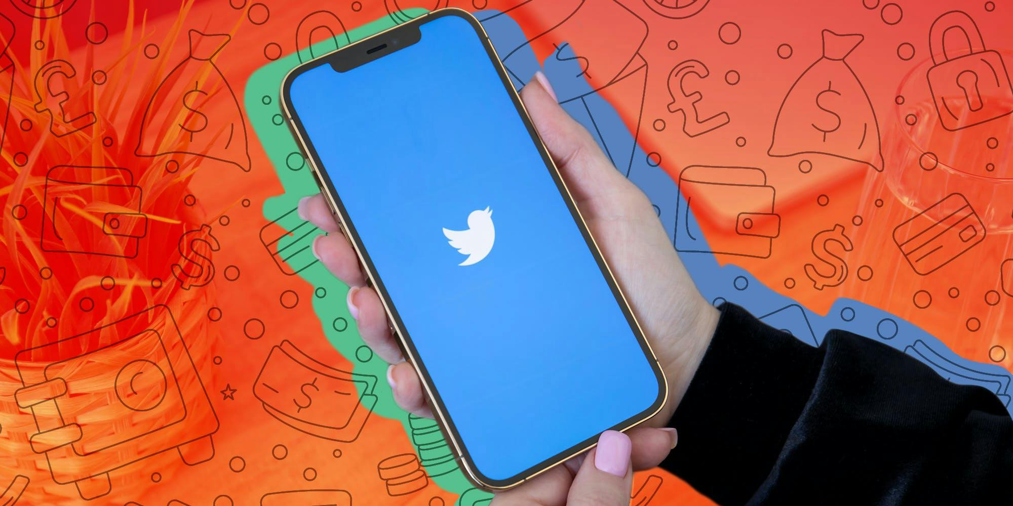 hand holding phone with Twitter on screen in front of desk background with money icons background and red to orange vertical gradient overlay Passionfruit Remix