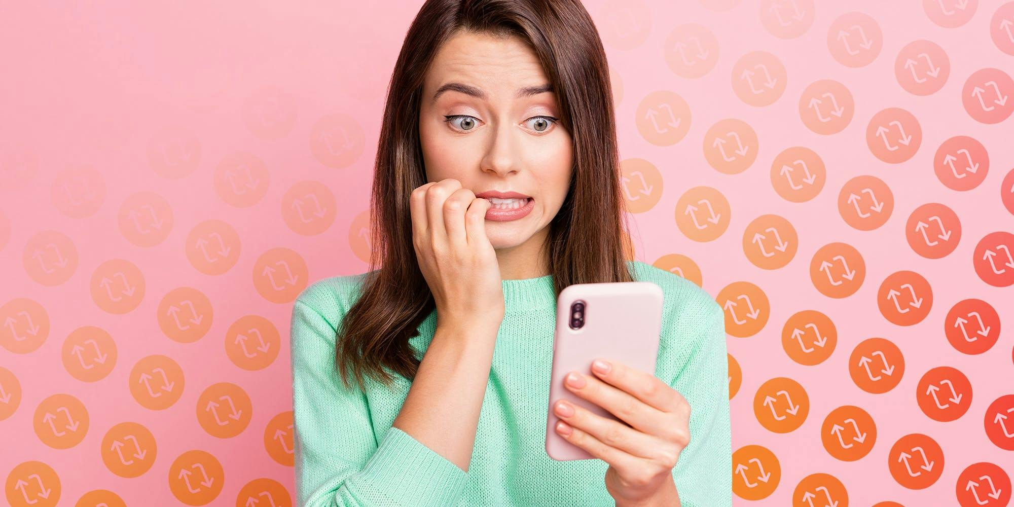 nervous woman chews nails while looking at phone, repost icon background