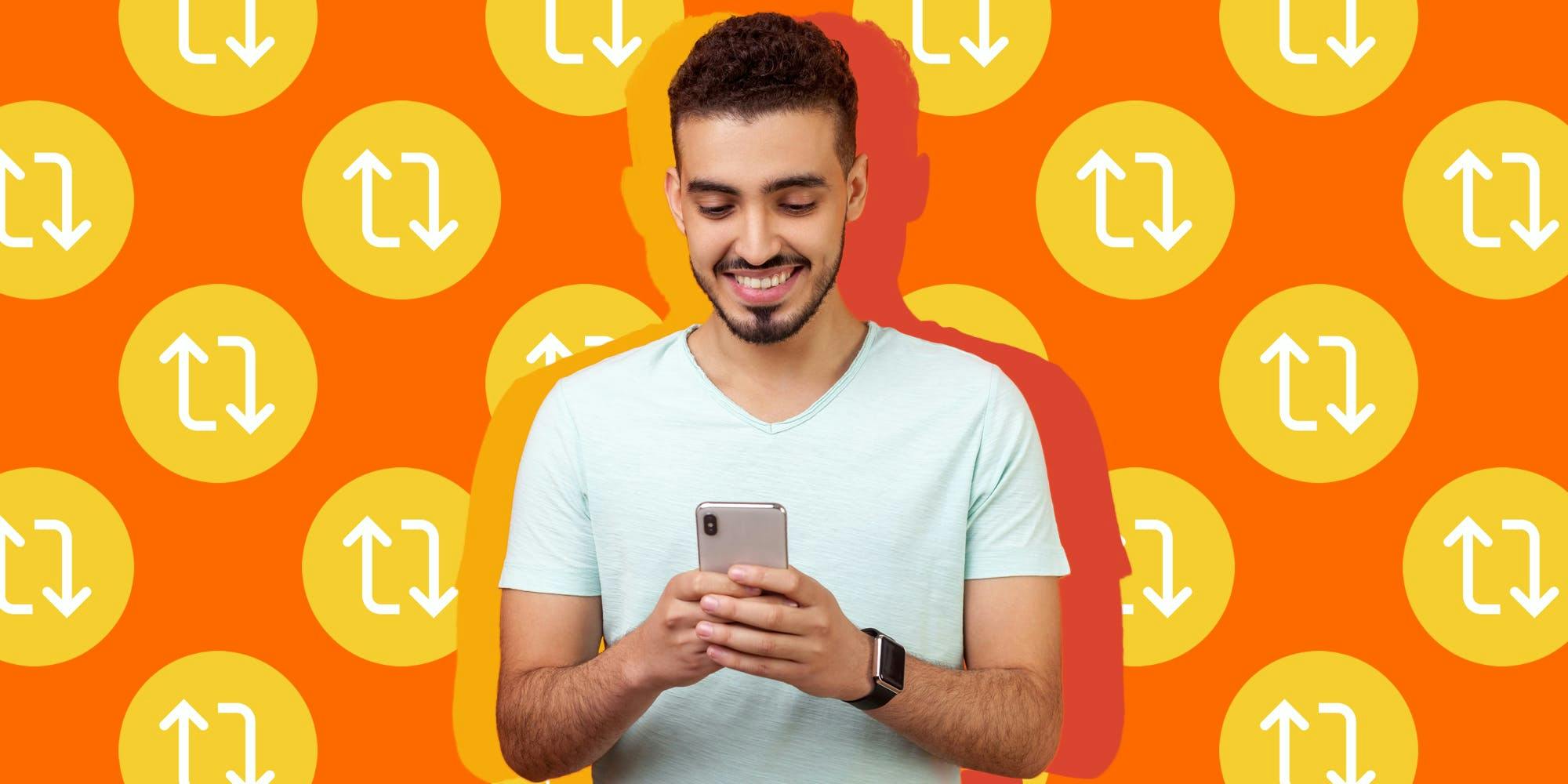 person holding phone in front of orange background with TikTok repost logo pattern background