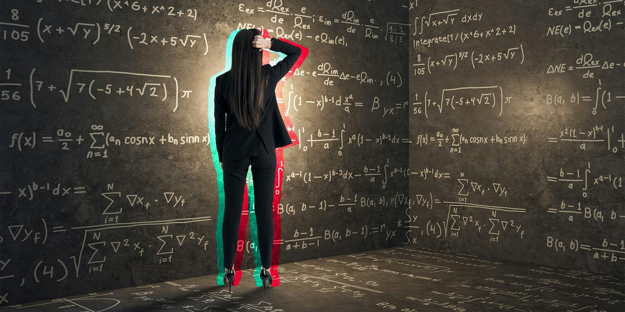 Back view of young businesswoman in concrete corner with mathematical formulas. Complex algorithm and math concept