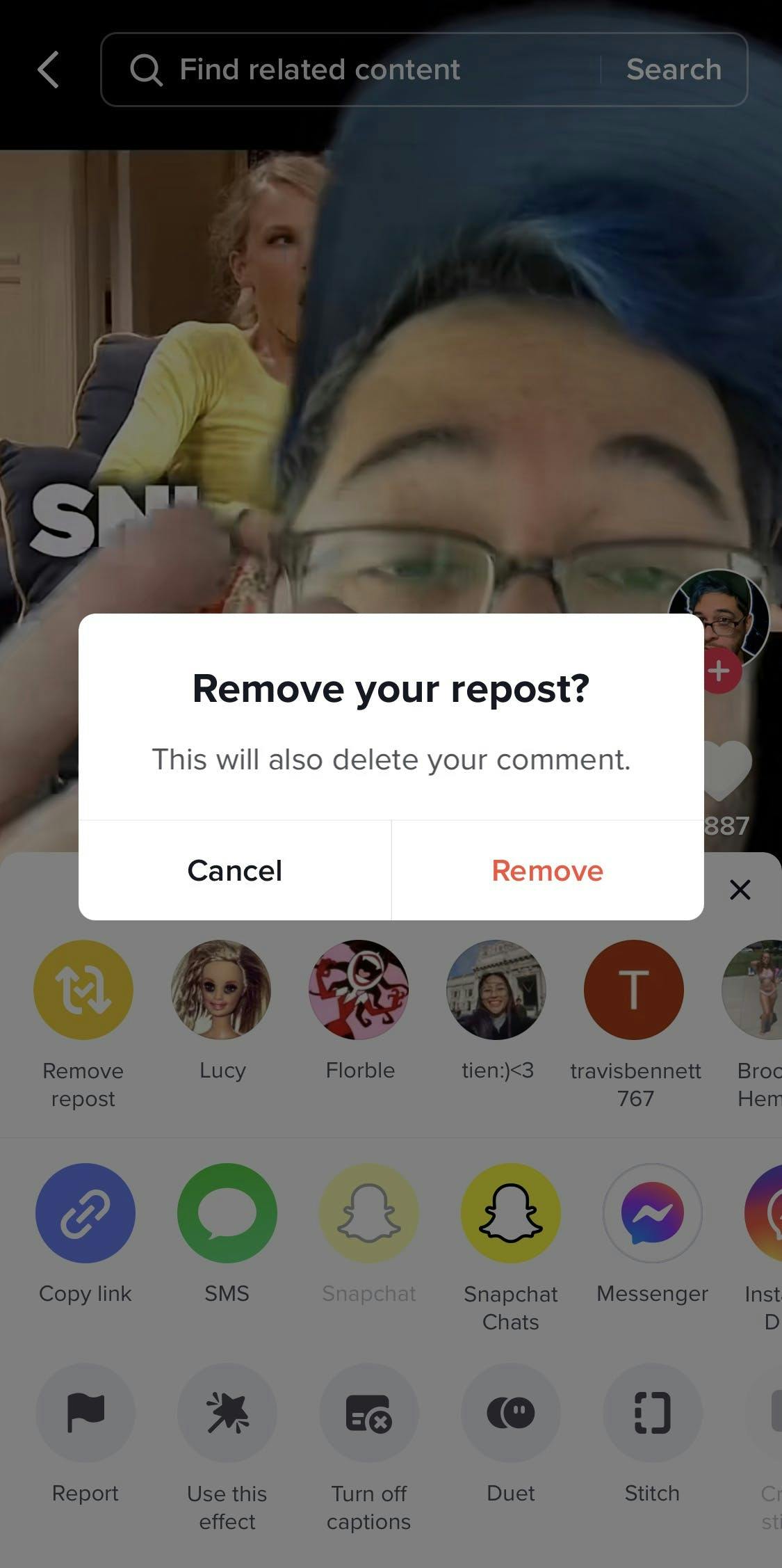 "Remove your repost?" message box on TikTok