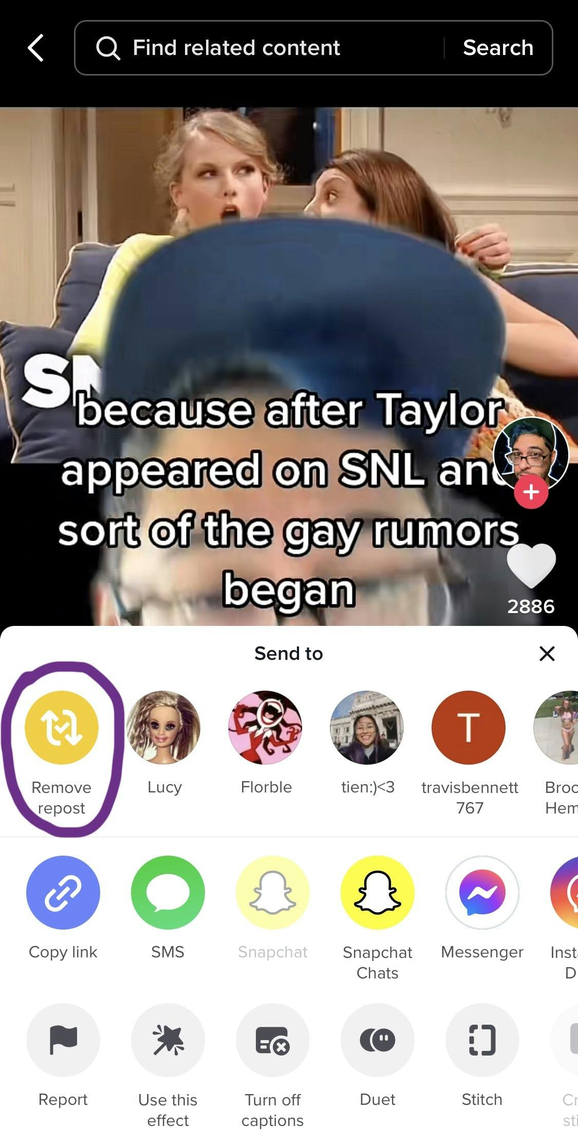 A TikTok video with "Remove repost" circled
