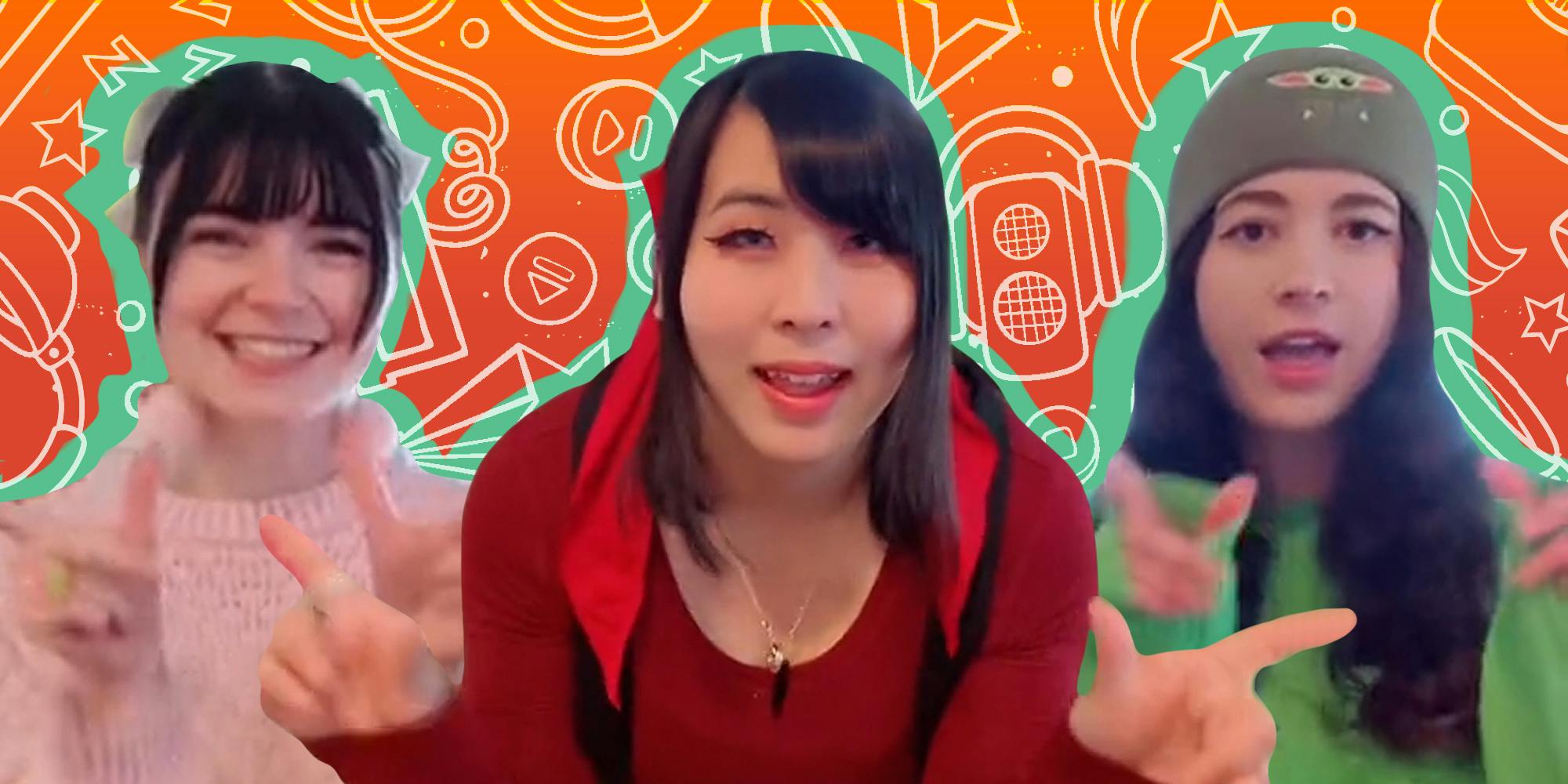 Jpop group Sorb3t in front of orange to red vertical gradient background with musical icons Passionfruit Remix