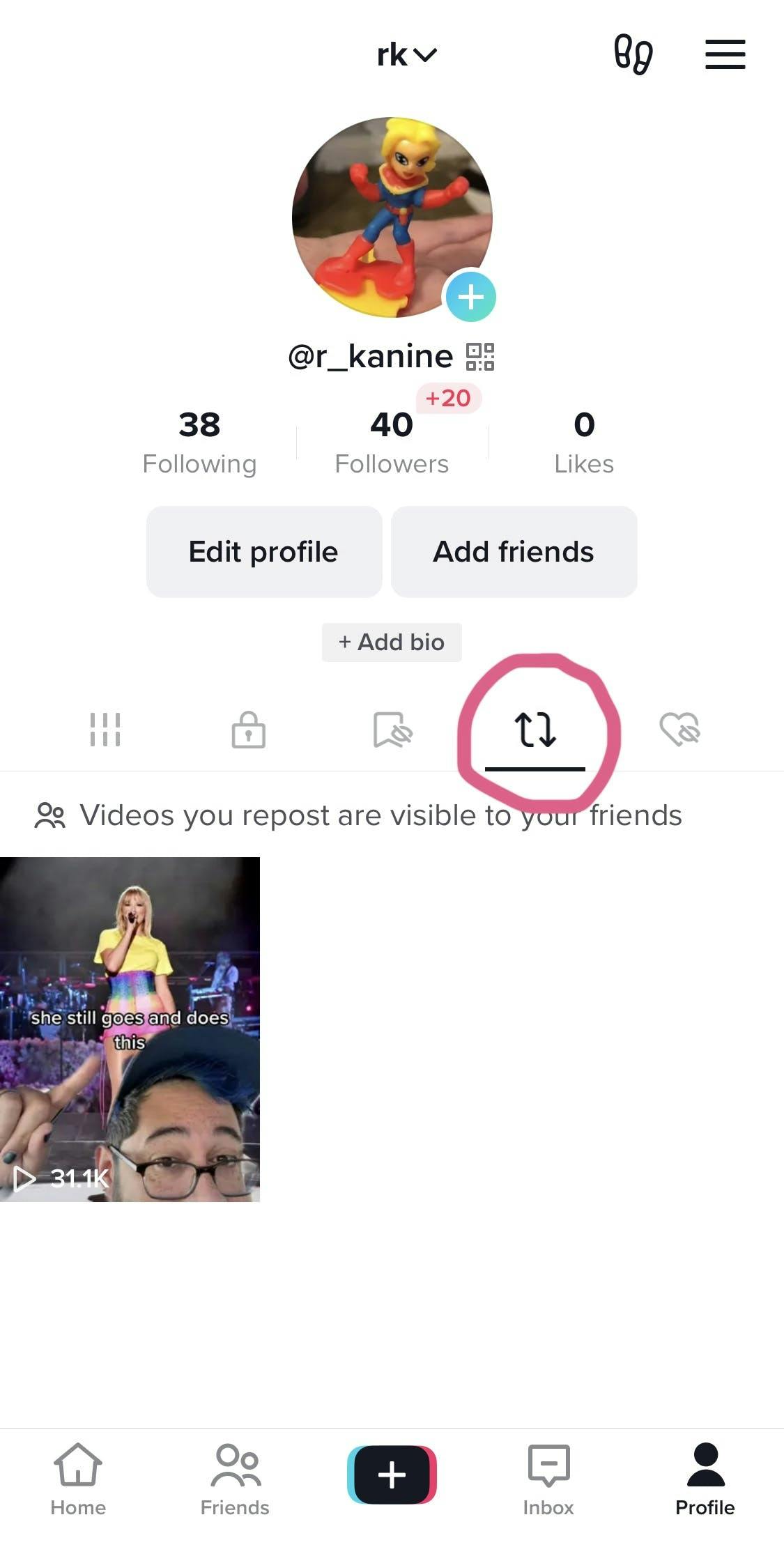 A TikTok profile with the "repost" button circled