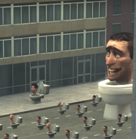 A swarm of toilets with human heads coming out traveling down a city street, with a much larger toilet and head behind them.