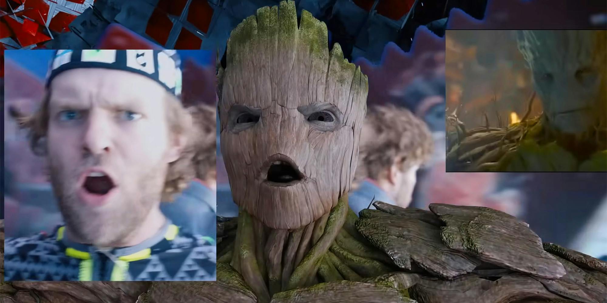 actor wearing vfx suit (inset) Groot from Guardians of the Galaxy
