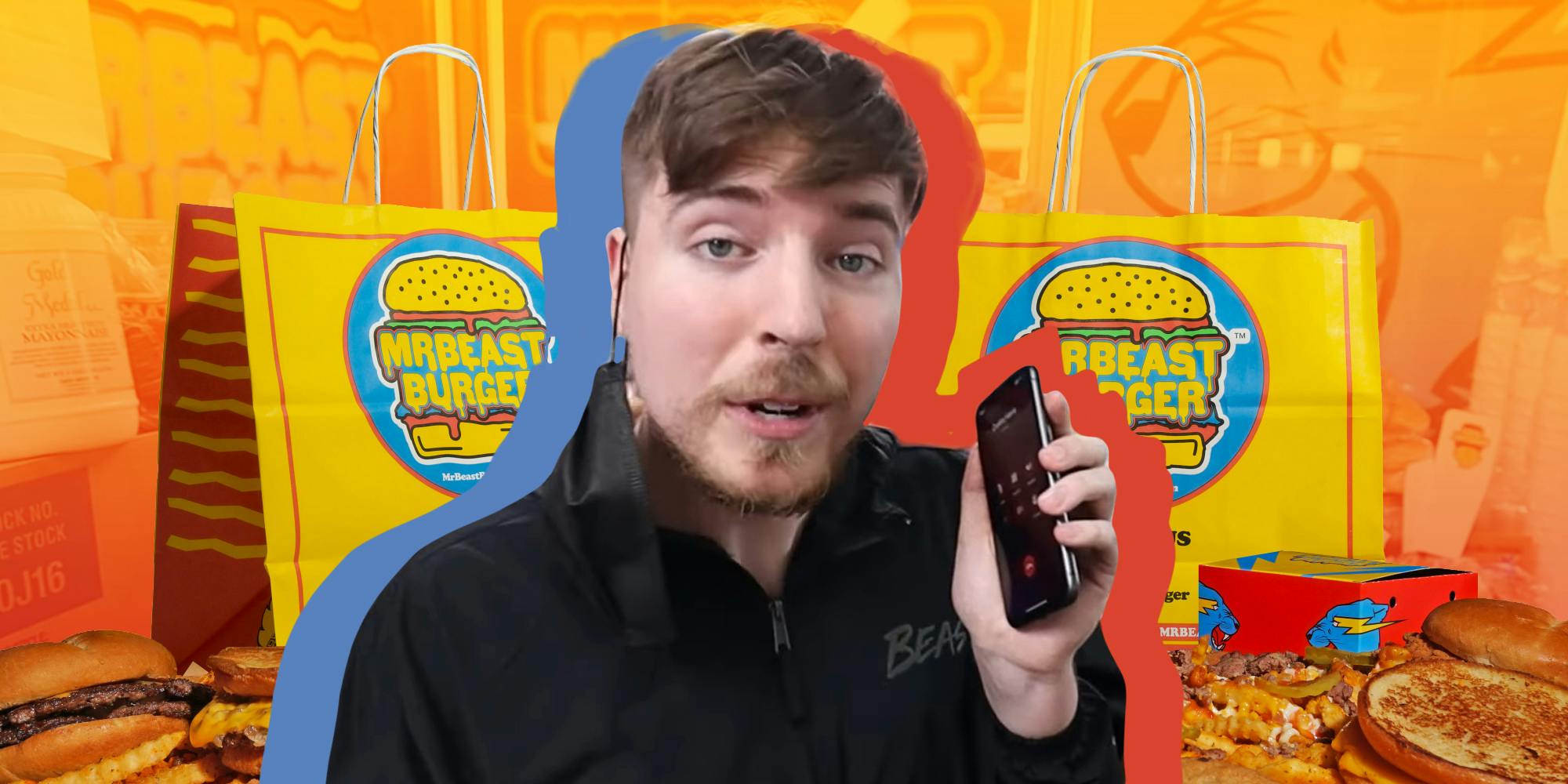 Mr Beast in front of Mr Beast Burger interior background with Mr Beast Burger bags of food and burgers in front of yellow to red vertical gradient Passionfruit Remix