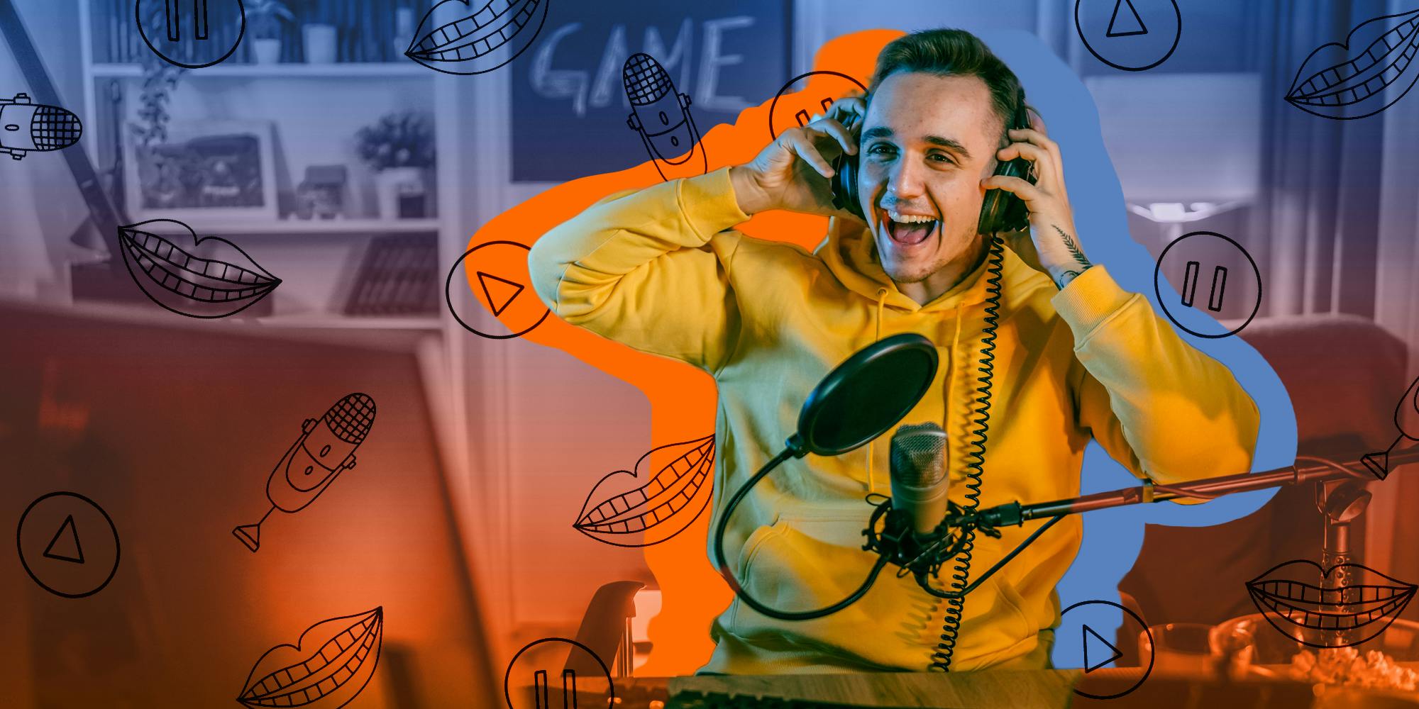 man at computer desk with headphones and microphone in front of blue to orange vertical gradient background with reaction icons Passionfruit Remix
