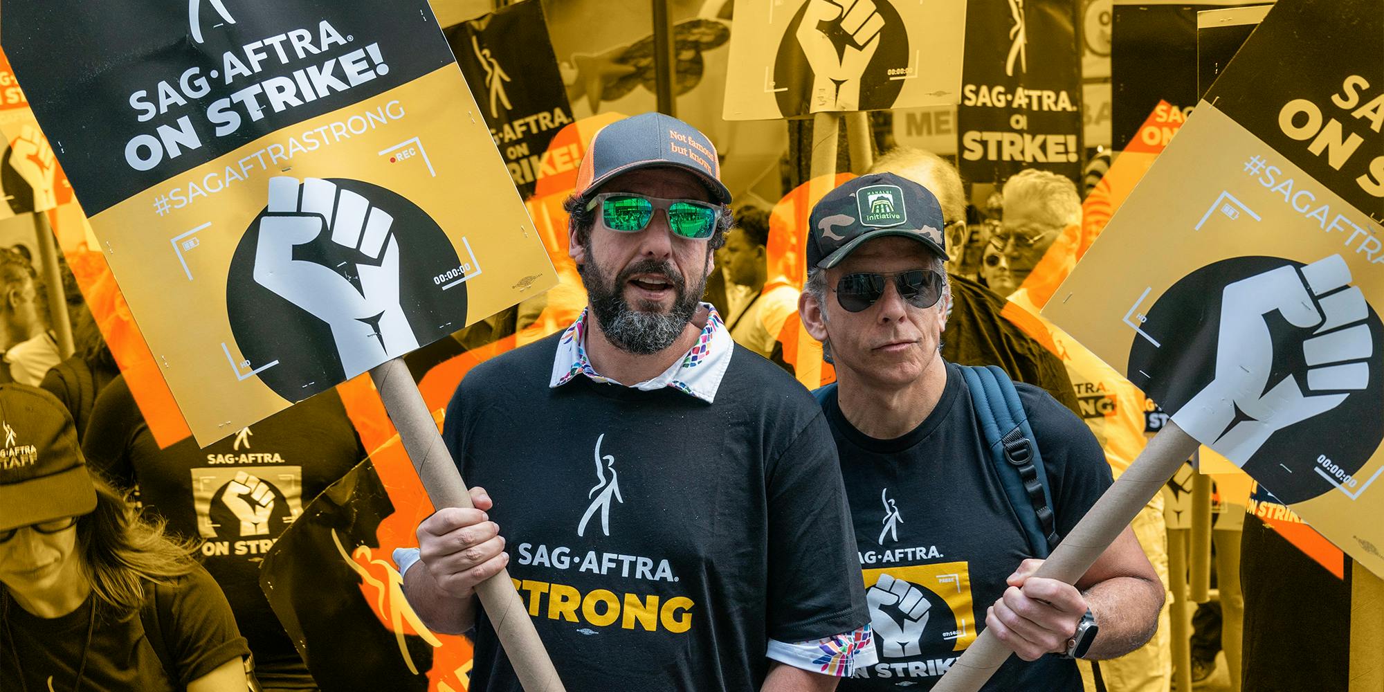 is the writers strike over - Adam Sandler and Ben Stiller joined picket line of strike workers of WGA and SAG-AFTRA in front of NBCUniversal headquarters in New York on August 2, 2023