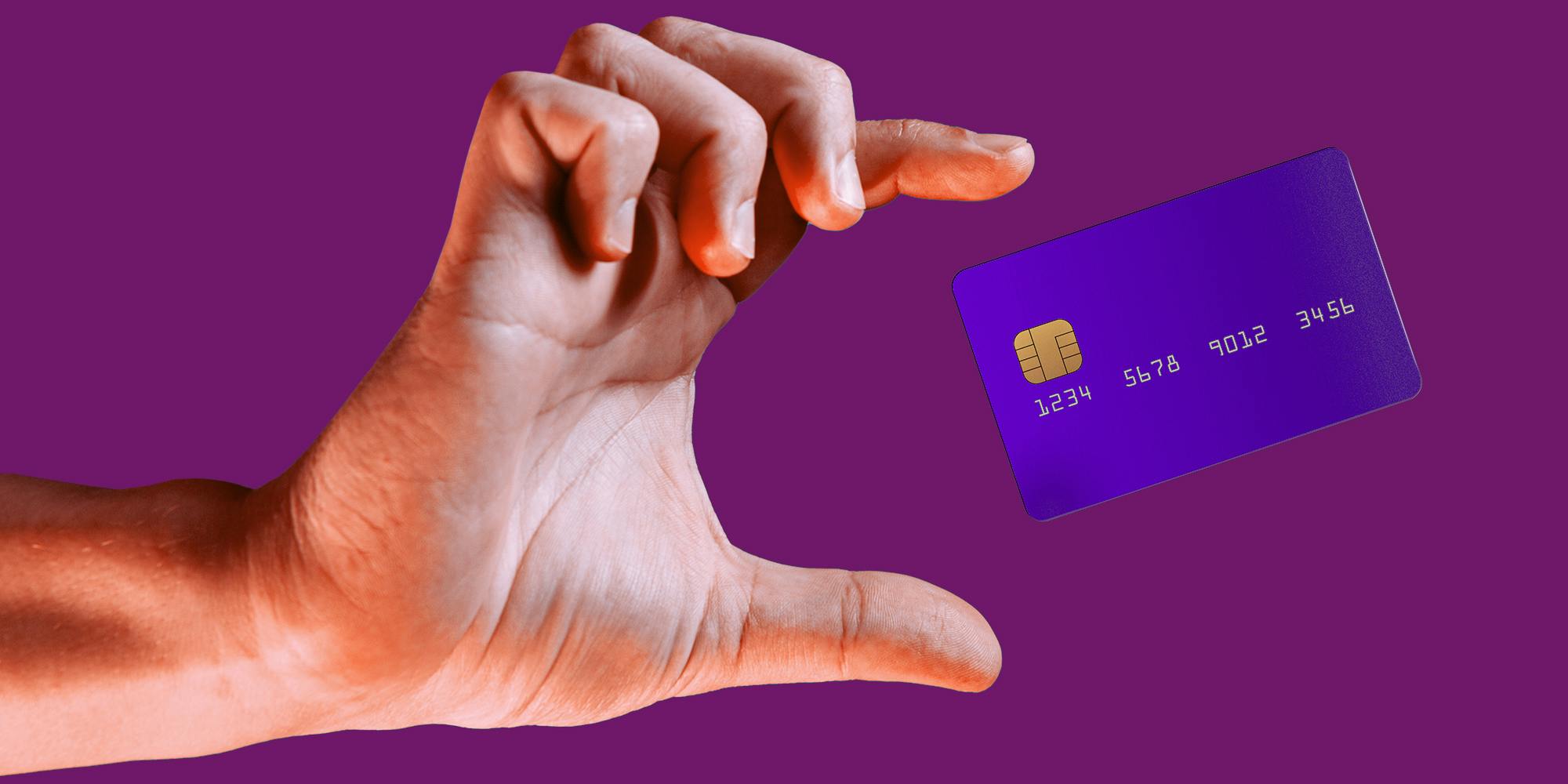 Close up male hand and levitating template mockup bank credit card